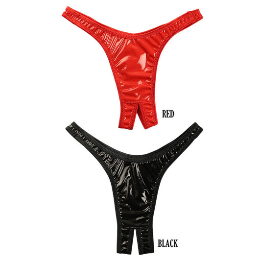 Cherry Love Patent Fabric Shiny and Glossy Open Crotch T-Back Shorts LS154
