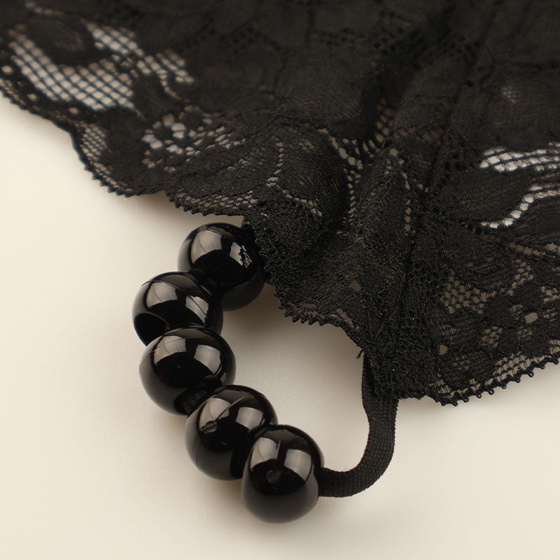 La Paum G-String, Sheer Lace, Flexible, 6-Piece Front Black Ball String, 219029