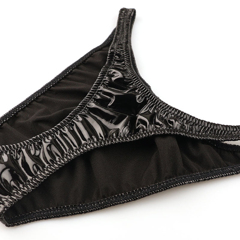 La Paum patent leather fabric, glossy finish, slimming T-front, high-cut, half-back shorts, 223014
