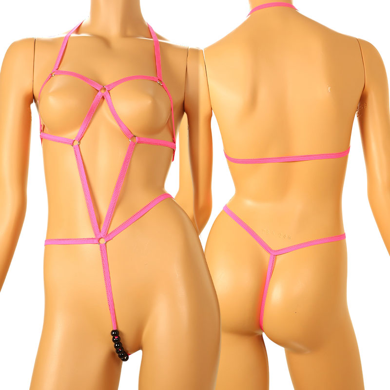 La-Pomme 526003: A costume lingerie set featuring six black balls, characterized by a soft and moderately stretchy fabric.