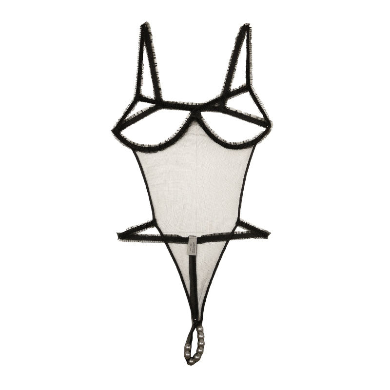 La Paume Spark Half Fabric with Mist Lame Own Bust with 8 Pearls Sexy Costume Playsuit 530041