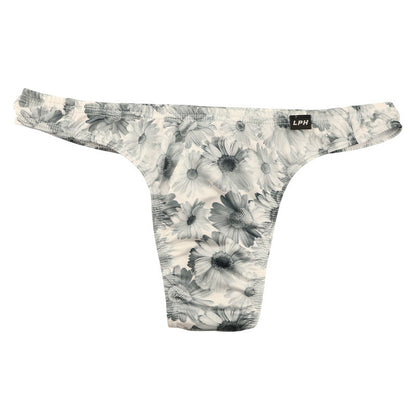 Men's elegant subtle gloss floral print men's thong bikini, soft stretch material, comfortable fit that gently wraps around the skin, 625011
