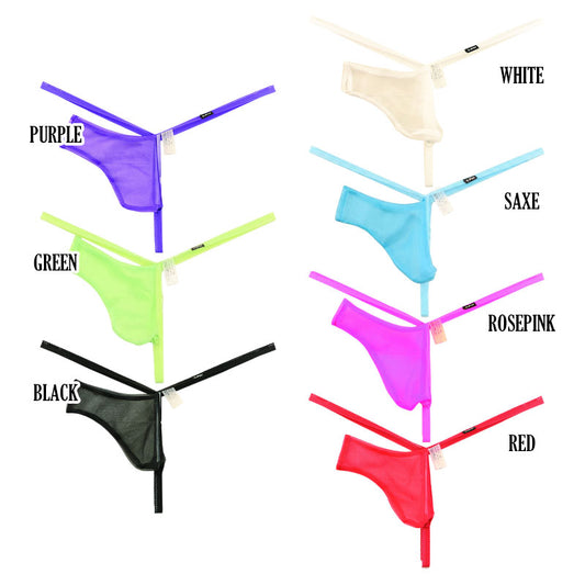 Men's G-string bikini with a pouch-style front made of sparkling half-fabric 715012