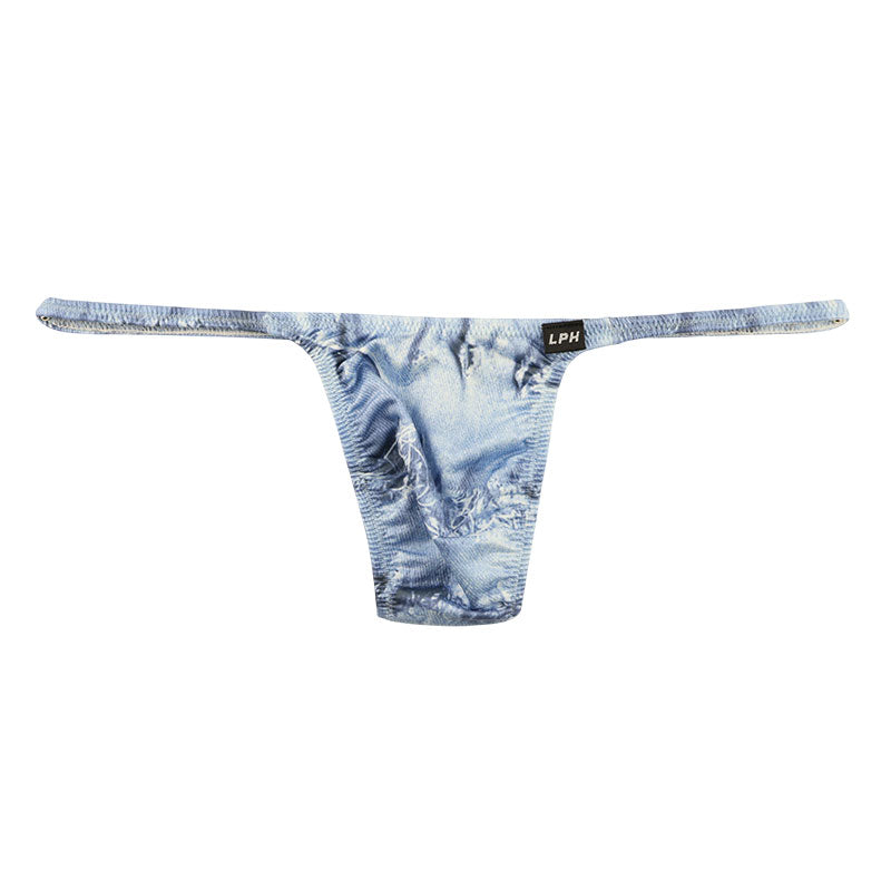 メンズ Tバックショーツ ダメージデニム風プリント ストレッチ生地  脇細デザイン 723039