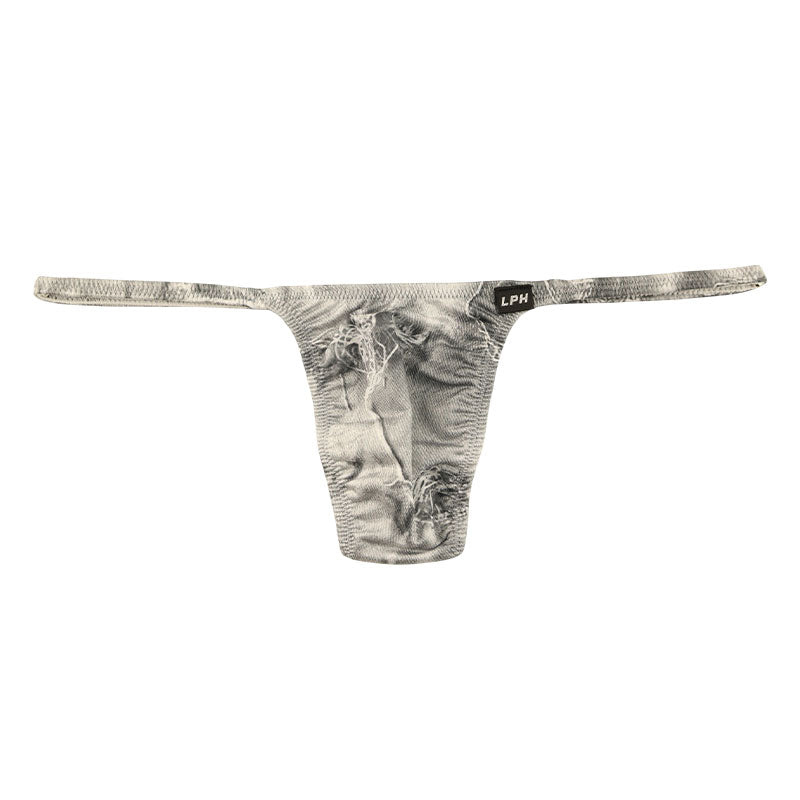 メンズ Tバックショーツ ダメージデニム風プリント ストレッチ生地  脇細デザイン 723039