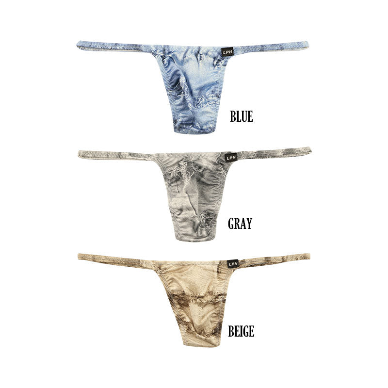 メンズ Tバックショーツ ダメージデニム風プリント ストレッチ生地  脇細デザイン 723039