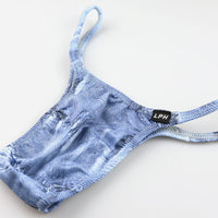 メンズ ハーフバックショーツ ダメージデニム風プリント ストレッチ生地  脇細デザイン 723040