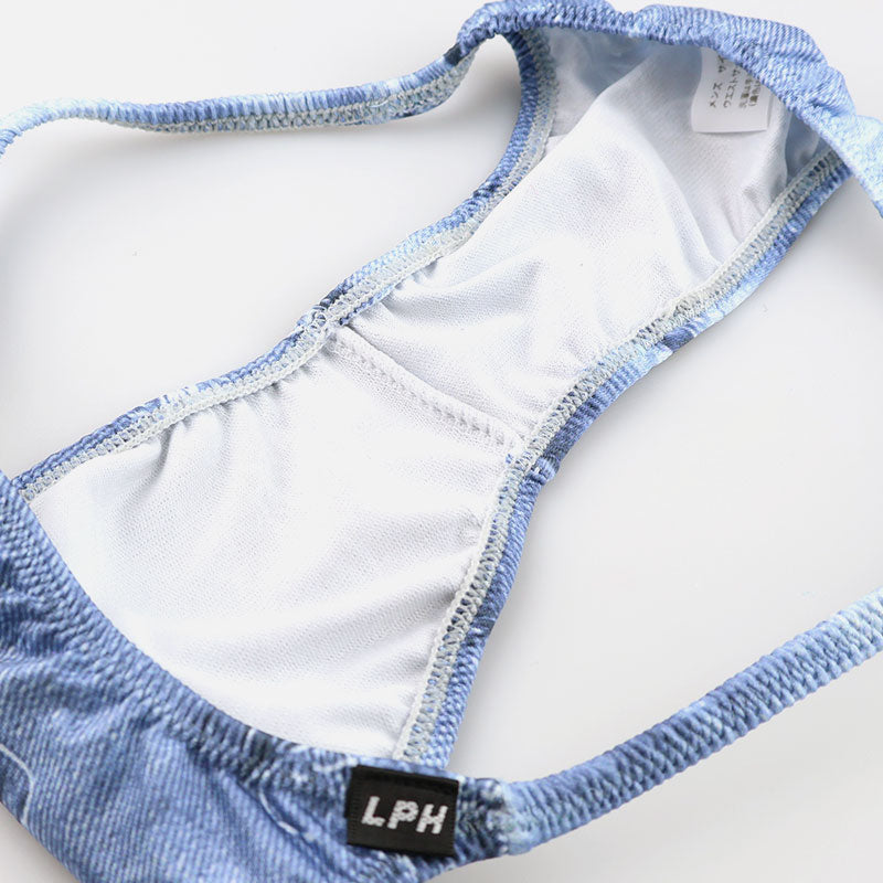 メンズ ハーフバックショーツ ダメージデニム風プリント ストレッチ生地  脇細デザイン 723040