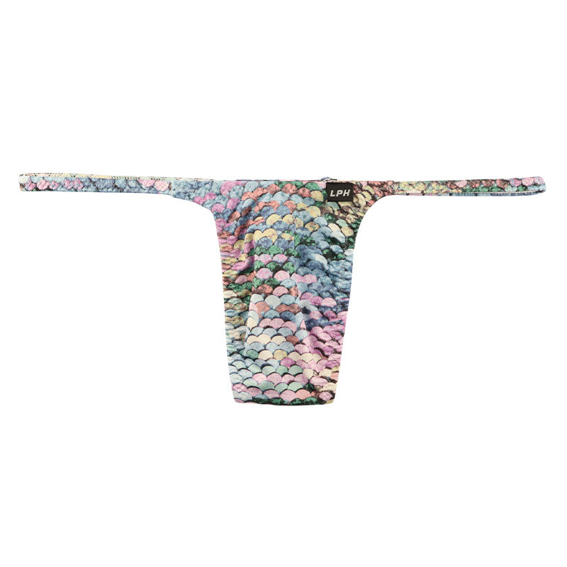 メンズ Tバックビキニ スパンコールプリント ストレッチ生地 脇細デザイン 723047