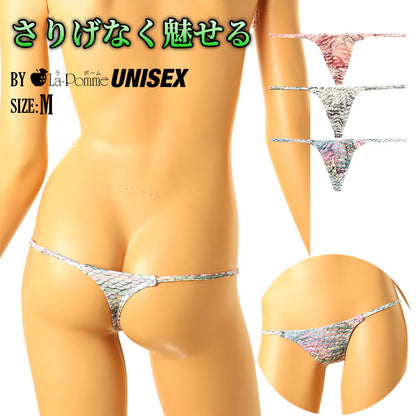 ユニセックス Tバック 極小ビキニ 微光沢 スパンコールプリント ストレッチ生地 脇重ねデザイン 723053