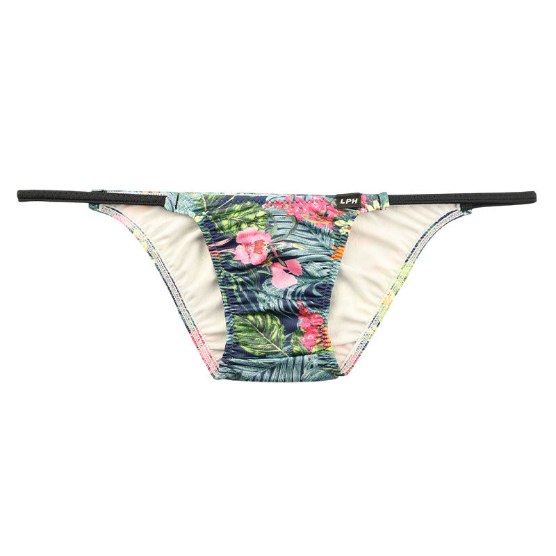 Men's soft, stretchy, slightly glossy fabric with an Amazon leaf print, low-rise, half-back bikini 723077