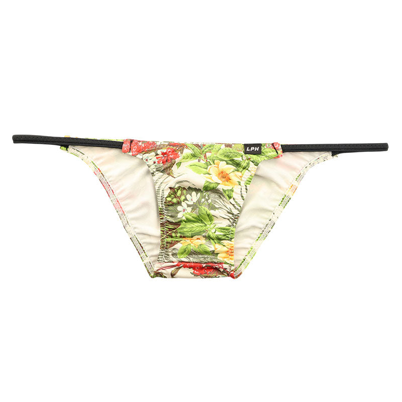 Men's soft, stretchy, slightly glossy fabric with an Amazon leaf print, low-rise, half-back bikini 723077