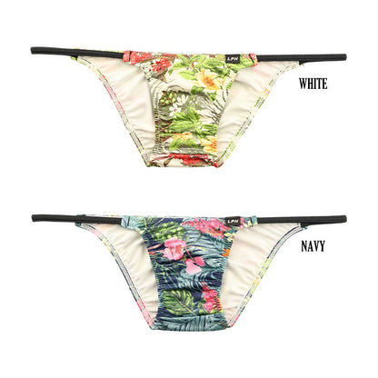 Men's soft, stretchy, slightly glossy fabric with an Amazon leaf print, low-rise, half-back bikini 723077