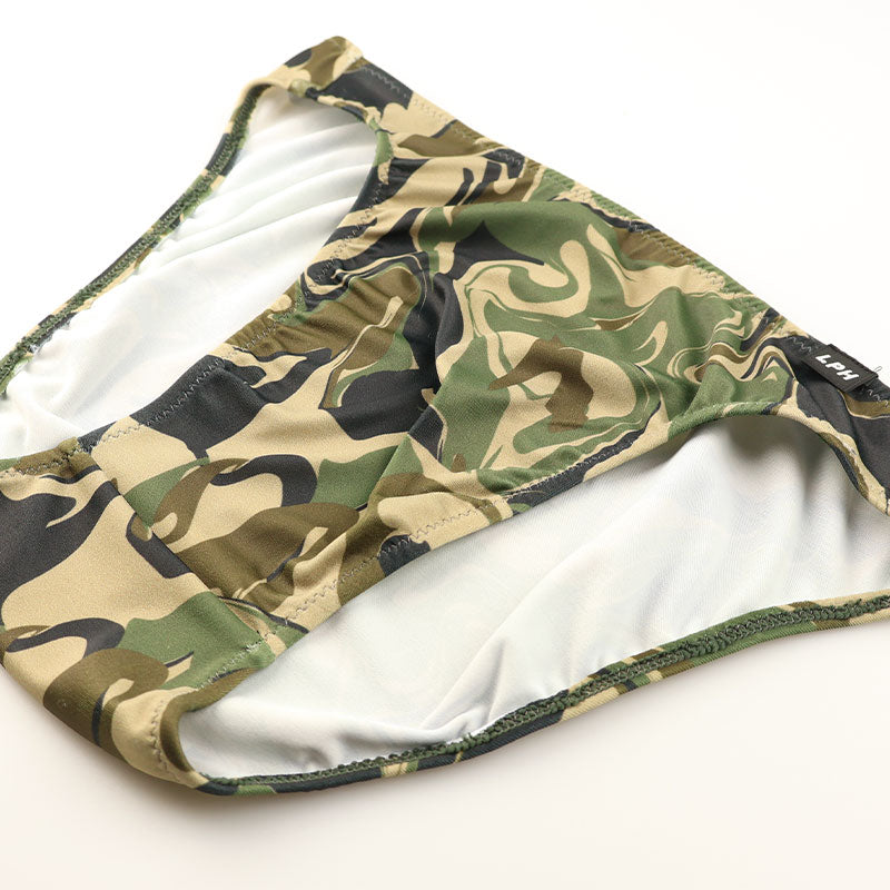 メンズ 迷彩柄 カモフラージュプリント メンズ フルバック ビキニ 光沢 シルキー 伸縮性 快適 726006