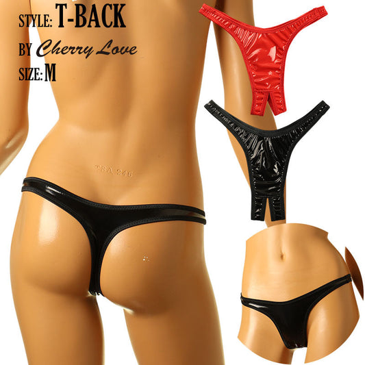Cherry Love Patent Fabric Shiny and Glossy Open Crotch T-Back Shorts LS154