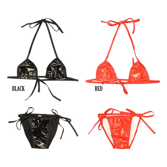 Cherry Love Enamel Glossy Lace-Up Lingerie Set (Triangle Bra & Half-Back Panties) LS188