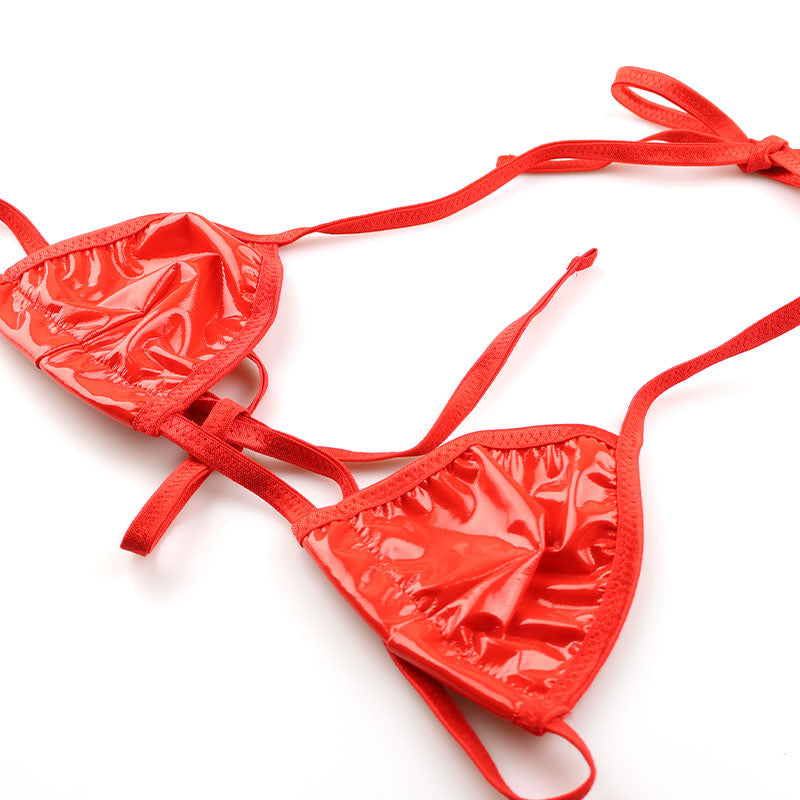チェリーラブ エナメル光沢 ヒモ結びランジェリー上下セット 三角ブラ＆ハーフバックショーツ LS188