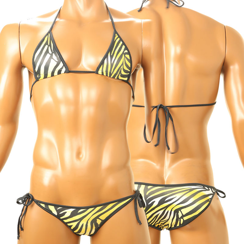 メンズ メンズブラ＆ショーツセット 光沢シルキー素材 ゼブラプリント ヒモ結び MBS002